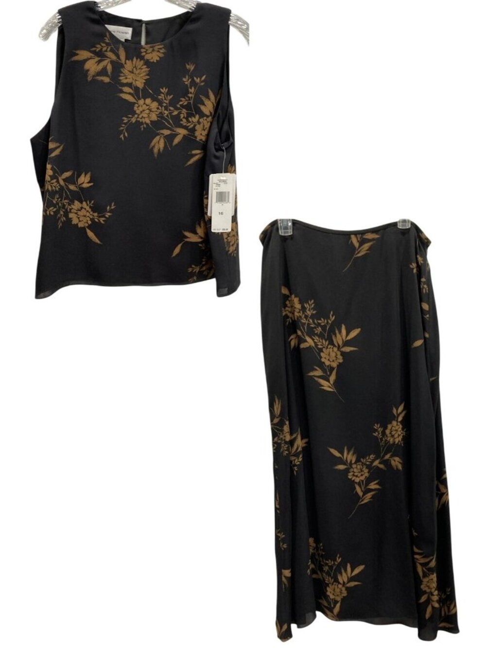 Vintage Rena Rowan Silk 2 Piece Skirt Set 16 Black Floral Romantic Quiet Luxury